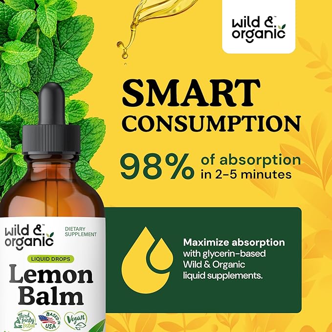 Wild & Organic Lemon Balm Tincture - Mood Support Supplement - Melissa Lemon Balm Leaf Extract Drops - Vegan, Sugar & Alcohol-Free Calming Supplement - 4 fl oz