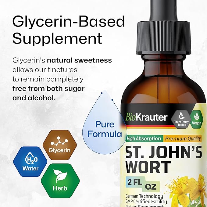 BIO KRAUTER St John's Wort Tincture - Hypericum Perforatum Liquid Extract for Mood Support - High Absorption - Vegan Drops 2 Fl.Oz.