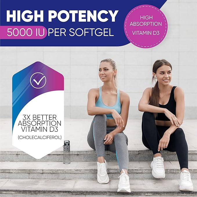 Vitamin D3 High Potency 5000 IU (125 mcg), Bone, Teeth, Muscle & Immune Health Support, Non-GMO, Gluten-Free, 2 Month Supply in Rapid-Release High Absorption Vitamin D, Easy to Swallow, 60 Softgels