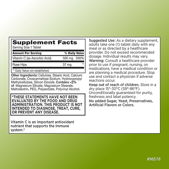 Quality Choice 500 mg Vitamin C with Rose Hip Supplement Immune System Health Tablets 100 Count Bottles