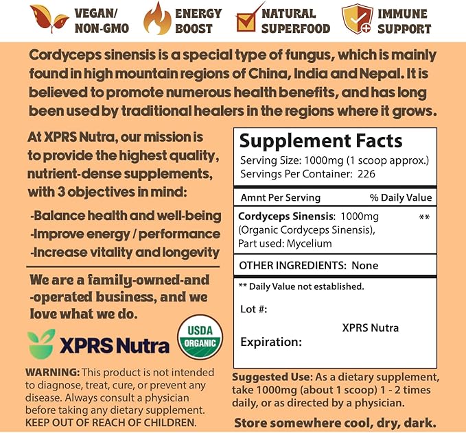 XPRS Nutra Organic Cordyceps Mushroom Powder - Premium Cordyceps Mushrooms - Real Mushrooms Cordyceps Powder Supplement for Energy and Immune Support - Vegan-Friendly Mushroom Cordyceps (8 oz)