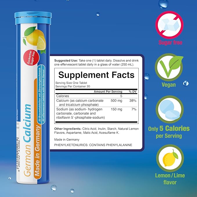 German Calcium 140 Drink Effervescent Tablets - Lemon Lime Flavour - 500 mg Calcium, Sugarfree, Vegan- T&D Pharma – Made in Germany