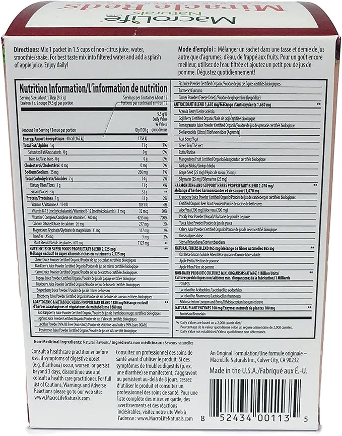 MacroLife Naturals Miracle Reds Superfood Supplement Powder Antioxidants Polyphenols Enzymes Probiotics - Raw Non-GMO Organic Vegan Gluten & Dairy Free (12 Packet)