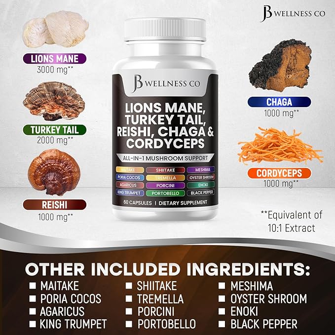 Lions Mane Supplement Cognitive Support, Immune Health with Turkey Tail 20in1 Mushroom Reishi Cordyceps Chaga with Marshmallow Root 60 Count