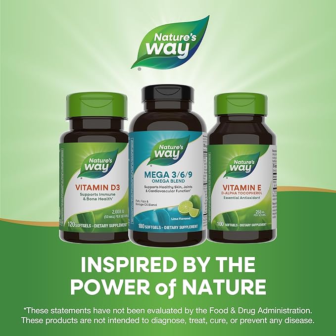 Nature’s Way Mega 3/6/9 Omega Blend, Supports Healthy Skin, Joints, Cardiovascular Function*, Fish, Flax, Borage Oil, 180 Lime Flavored Softgels (Packaging May Vary)