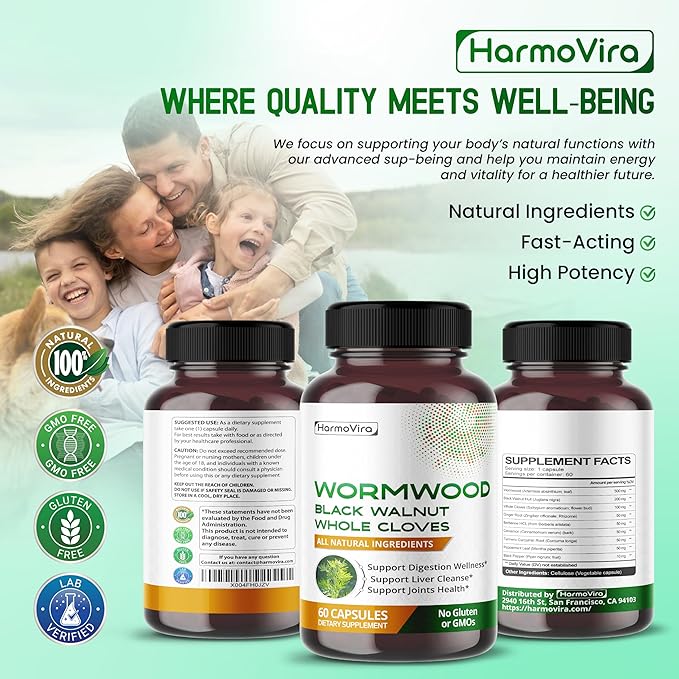 Wormwood Black Walnut Whole Cloves Ginger - Support Digestion Wellness, Liver Cleanse, Joints Health - 120-day Supply - Made in The USA