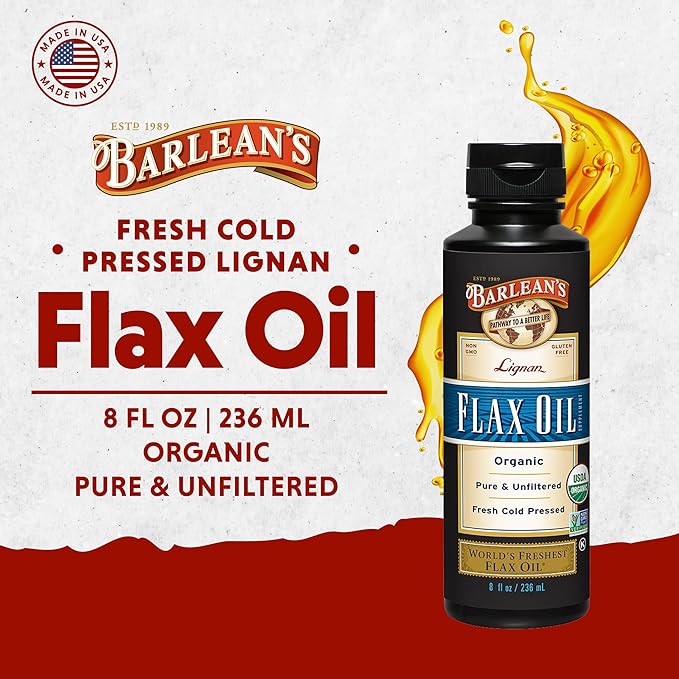 Barlean's Organic Lignan Flaxseed Oil Liquid Supplement from Cold Pressed Flax Seeds, 7,230 mg ALA Omega-3 Fatty Acids for Skin and Hair Care, Vegan & Gluten Free, 8 oz