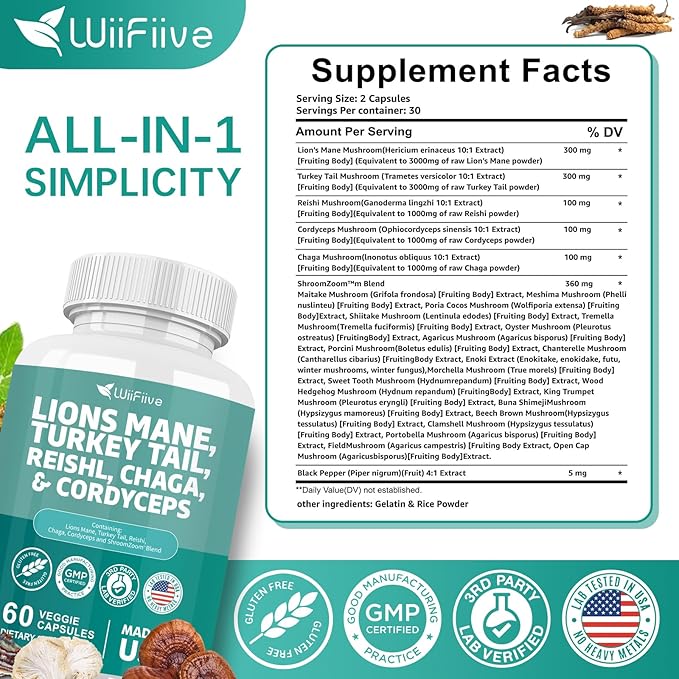 Lions Mane 3000mg Turkey Tail 3000mg Reishl 1000mg Chaga 1000mg Cordyceps Powder Extract Containing Maitaake Shiitake Black Fungus,Brain Supplement, Mineral Supplements, 60 Capsules