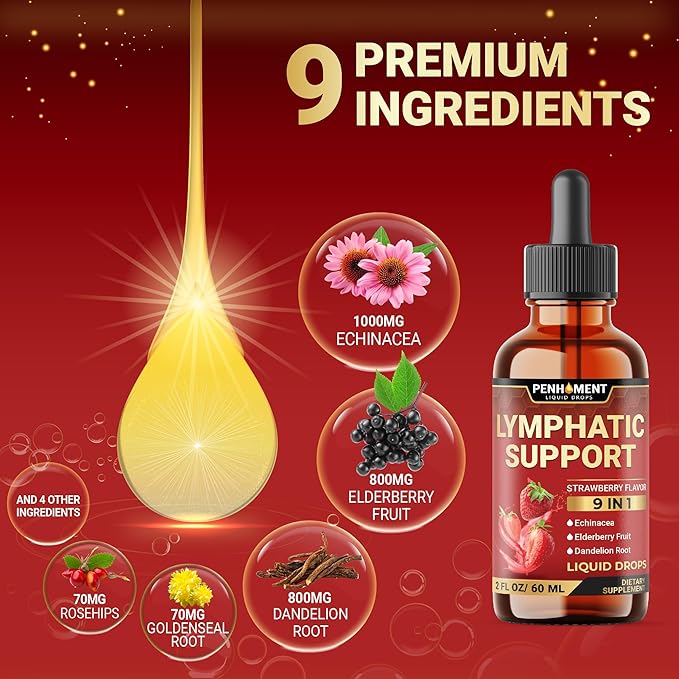 9in1 Lymphatic Drainage Drops Supplement - Echinacea | Elderberry | Dandelion | Rosehip | Cleavers | Calendula | Burdock - Lymph System Liquid Extract - Immune, Cleansing - 2 Fl Oz - 60 Days