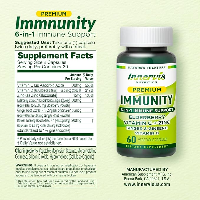 Premium 6-in-1 Immune Support – Vitamin C, D3, Zinc, Elderberry, Ginger & Korean Ginseng – Immune System Booster & Antioxidant Support – 60 Veg Capsules