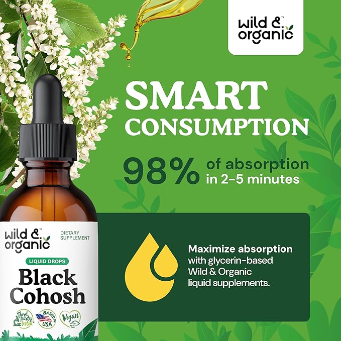 Wild & Organic Black Cohosh Liquid Drops 540 mg - Herbal Supplements for Women - Liquid Black Cohosh Extract Tincture - 2-Month Supply - Vegan, Sugar & Alcohol-Free - 2 fl oz