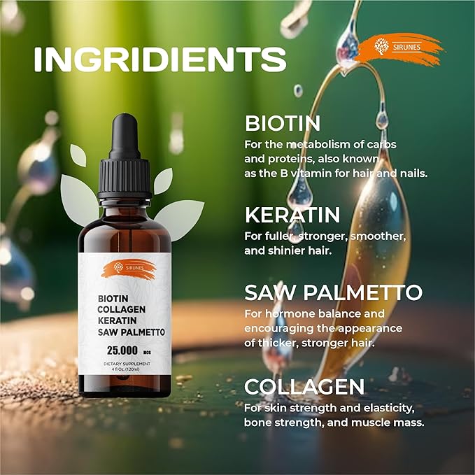 Liquid Collagen Supplements for Women - Comprehensive Formula Hair Skin Nails Supplement with 10000mcg Collagen 5000 mcg Biotin 5000 mcg Keratin 5000 mcg Saw Palmetto, Made in USA, 4fl oz