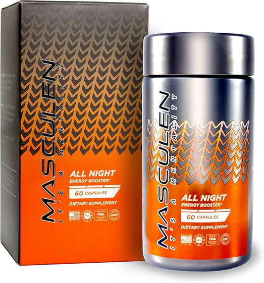 All Night Energy Supplements for Men | Energy Booster to Support Extra Energy & Fine-Tuned Focus When Your Energy Drops | Plant-Based and All-Natural | 60 Supplement Capsules One Month Supply
