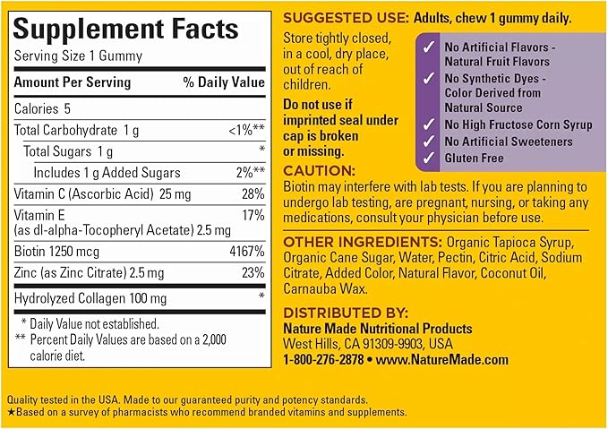 Nature Made Collagen Gummies with Vitamin C, Zinc and Biotin, Hydrolyzed Collagen Peptides Supplement for Healthy Skin Support, 60 Gummies, 60 Day Supply