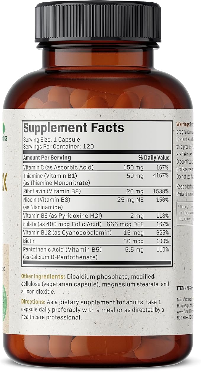 Futurebiotics Vitamin B Complex with Vitamin C Supports Energy Production, Nervous System & Immune Support - Non-GMO, 120 Vegetarian Capsules