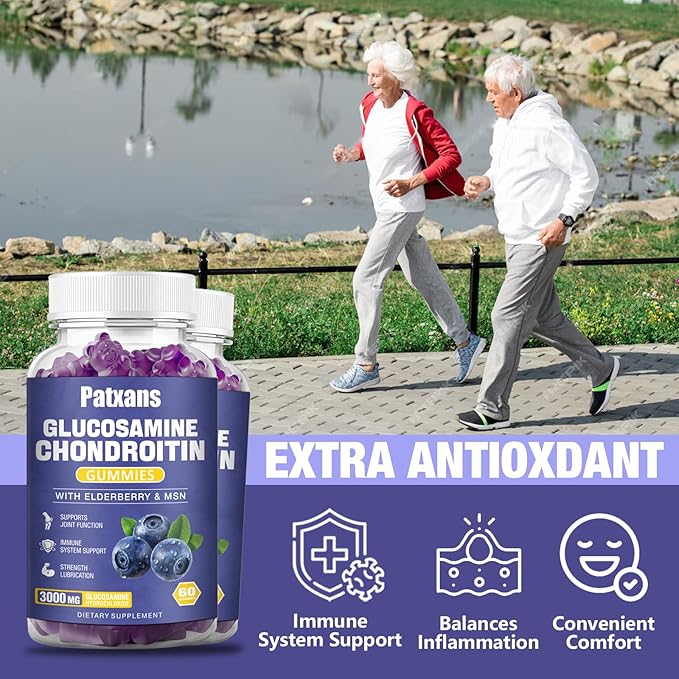 1 Pack 3000MG Glucosamine Chondroitin Gummies - Extra Strength Joint Health & MSM Elderberry Natural Joint Support Supplement, Flexibility, Antioxidant Immune Support for Adults, 60 Gummies.