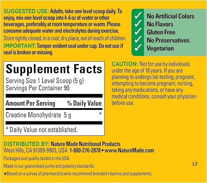 Nature Made Creatine Monohydrate Powder 5 g per Serving, Unflavored Drink Mix Powder, Muscle Support, 450 g, 90 Day Supply