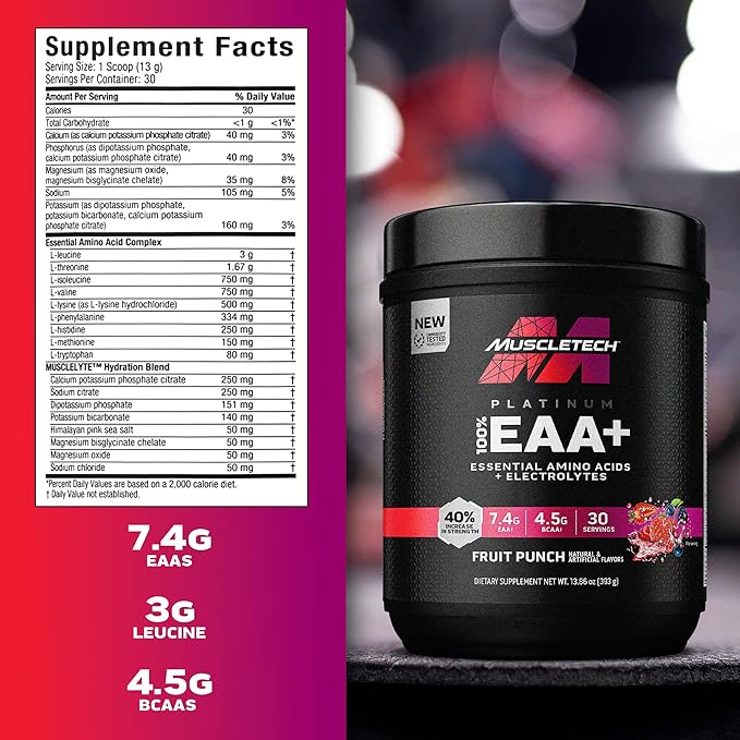MuscleTech Platinum Essential Amino Acids Supplement with Electrolytes, Fruit Punch - Pre-Workout Powder for Energy, Muscle Growth & Strength Builder - EAA Complex for Men & Women - 30 Servings