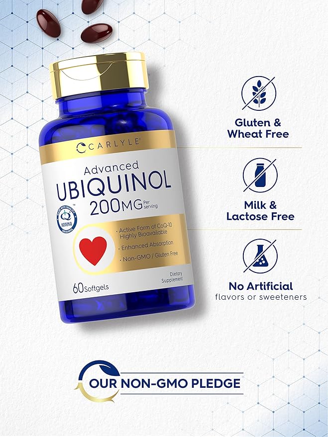 Carlyle Ubiquinol 200mg | 60 Softgels | CoQ10 Supplement | Highly Bioavailable | Non-GMO, Gluten Free