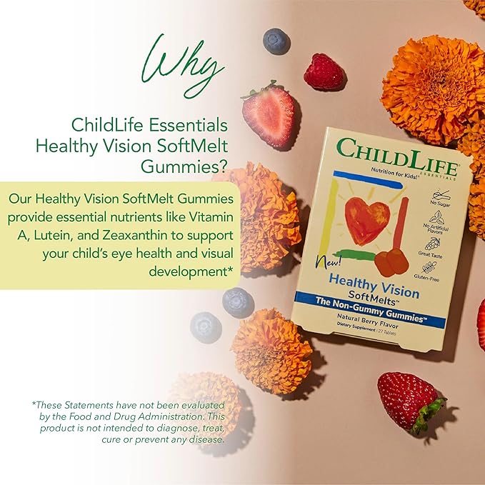 CHILDLIFE ESSENTIALS Healthy Vision SoftMelts - Eye Vitamins for Kids, Lutein Gummies, Lutein and Zeaxanthin Supplements, Eye Health Gummies, Lutein Children, Great Taste - Natural Berry, 27 Tablets