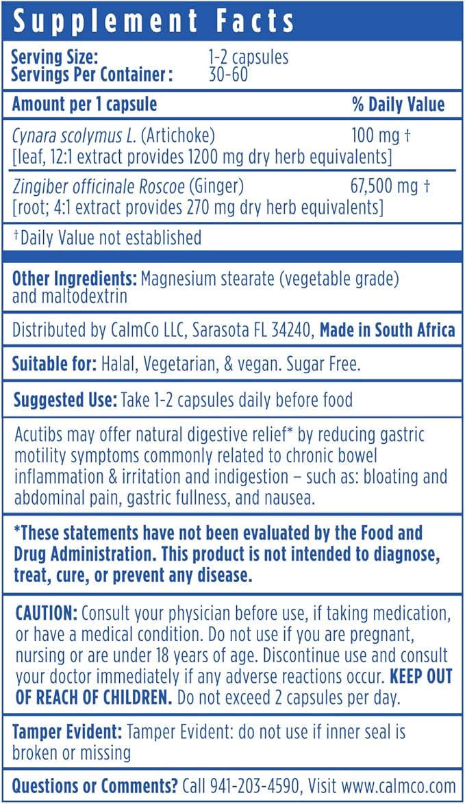 Acutibs Vegan Capsules - Natural Digestive Aid with Artichoke & Ginger Extracts for Gastric Discomfort Relief, Nausea, Bloating & Abdominal Pain, Helps Ease IBS and Reduce Gut Inflammation, 60 Count