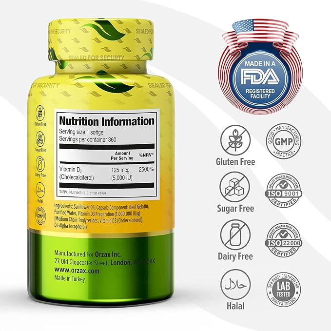 ORZAX Vitamin D3 5000 iu (125 mcg) – Non-GMO, Gluten Free, Sugar Free, Dairy Free – 1 Year Supply for Strong Muscle Function & Immune Support – Mood Supplement for Wellness (360 Softgel)