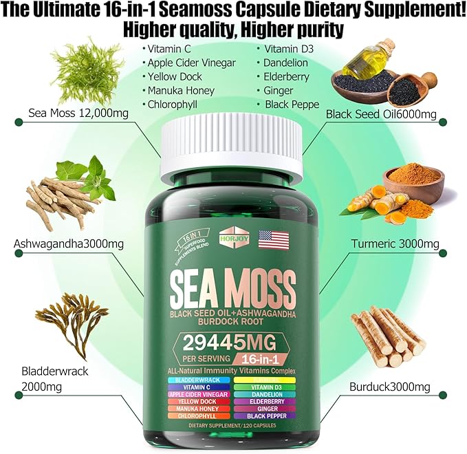 Sea Moss 12000mg Black Seed Oil 6000mg Ashwagandha 3000mg Turmeric 1000mg Bladderwrack 2000mg Burdock 3000mg & Vitamin C & D3 with Elderberry Manuka Dandelion Yellow Dock Iodine Chlorophyll ACV