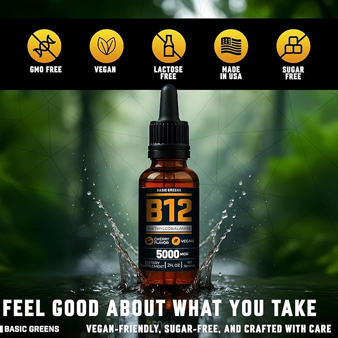 Vitamin B12 Sublingual (Vegan) 2 Fl Oz - Methylcobalamin B12 Vitamins 5000 mcg, B12 Liquid Drops, Methyl B12, Cherry Flavor
