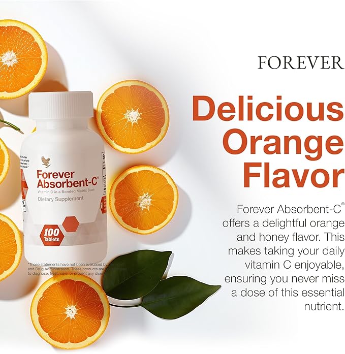Forever Living - Absorbent-C - Orange and Honey Flavor with Oat Bran - Vitamin C Supplement for Immune Support and Skin Health - 100 Chewable Tablets