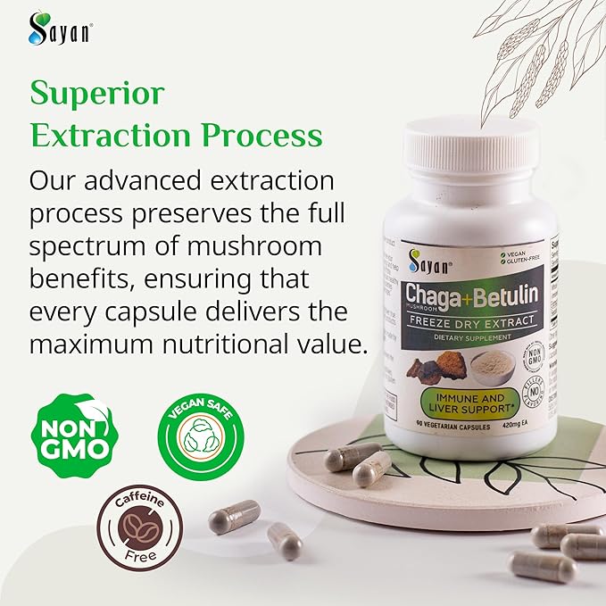 Sayan Siberian Chaga Mushroom Extract with Betulin – 90 Capsules/440mg ea – Wild-Harvested Antioxidant Blend – Immune System Support & Regulate Body Functions – Vegan, Non-GMO, No Fillers or Additives