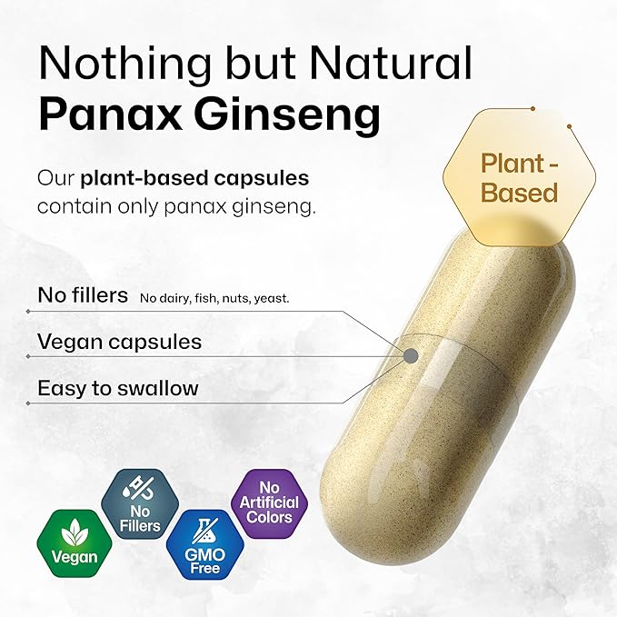 BIO KRAUTER Korean Red Ginseng Capsules - 1600 mg Strength - 100 Count - Korean Panax Ginseng Supplement - Vegan Immune Supplement