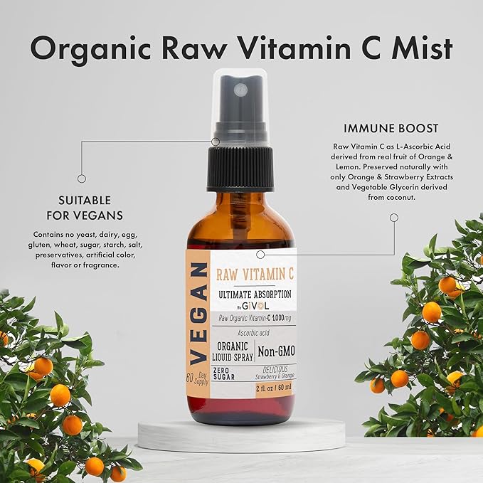 Vitamin C Extra Strength Spray: Daily Absorption Liquid Extract with Lemon, Orange, Strawberry, Rich in Ascorbic Acid, 2oz (60ml) 60 Day Supply