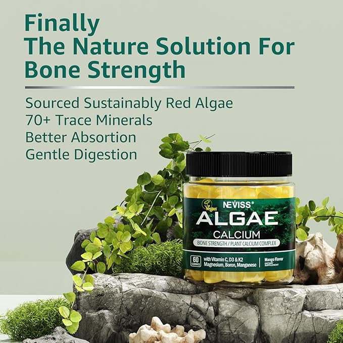 Calcium Gummies for Women, Sugar Free Calcium Supplement from Sustainable Algae (3rd Party Tested) with Vitamin D3 K2, C, Zinc, Boron, Manganese for Bone Strength, Calcium Absoption, Vegan, 60 Counts