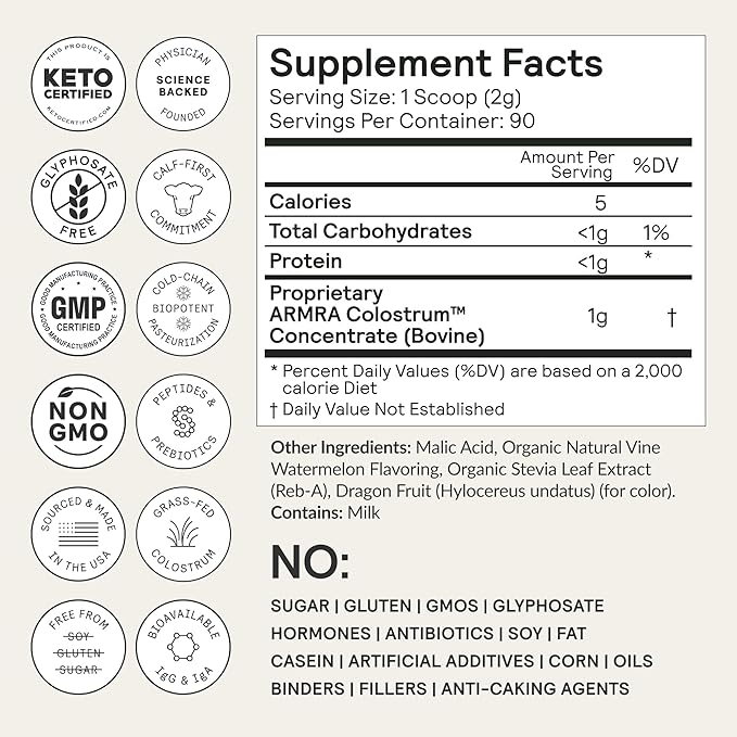ARMRA Colostrum™ Premium Powder, Grass Fed, Gut Health Bloating Immunity Skin & Hair, Contains 400+ Bioactive Nutrients, Potent Bioavailable, Keto, Gluten & Fat Free (Vine Watermelon | 90 Servings)
