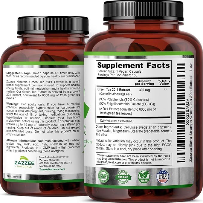 Zazzee Extra Strength Green Tea 20:1 Extract, 6000 mg Strength, 50% EGCG, 98% Polyphenols and 80% Catcehins, 150 Vegan Capsules, 5 Month Supply, Standardized and Concentrated 20X Potency, Non-GMO