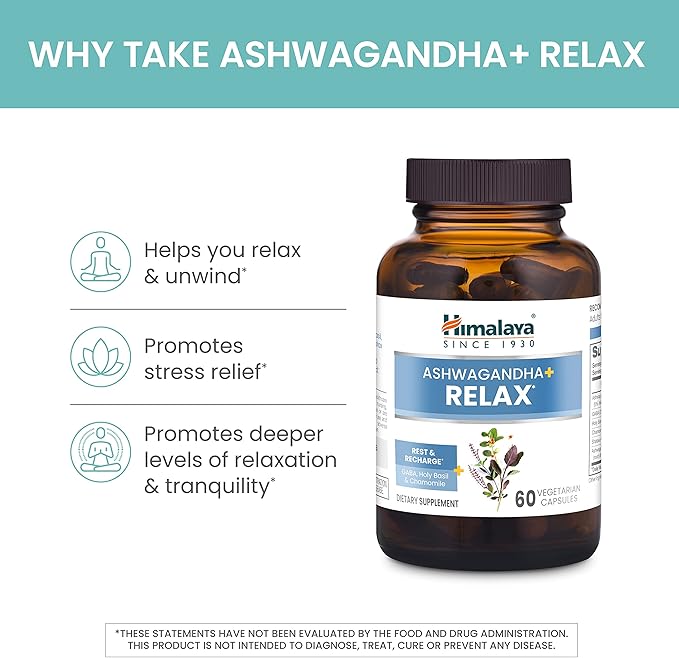 Himalaya Ashwagandha+ Relax, with GABA, Holy Basil & Chamomile for Reset, Relaxation & Stress Relief, Vegan, Gluten Free, 540 mg, 60 Vegetarian Capsules, 1 Month Supply