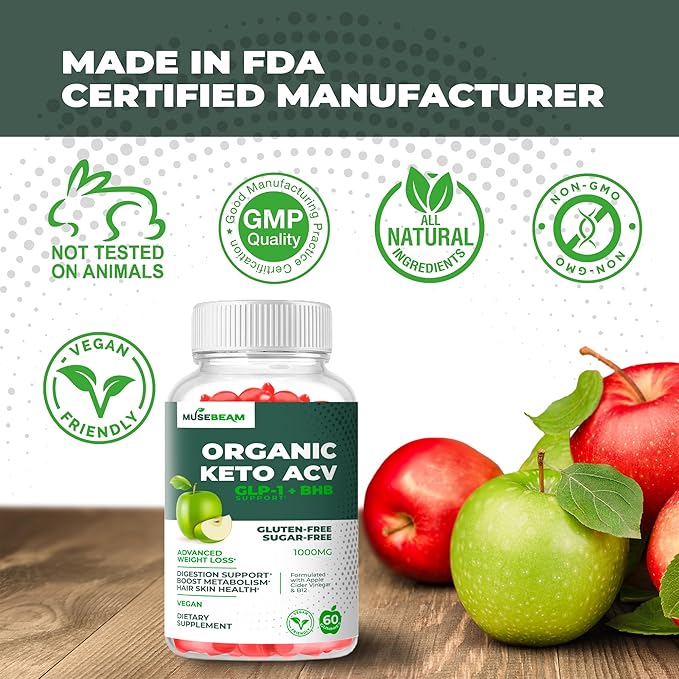 Organic Keto ACV Gummies Advanced Weight Loss - Gluten & Sugar Free Belly Fat Burner Apple Cider Vinegar Diet Supplement for Women Men (1000MG)