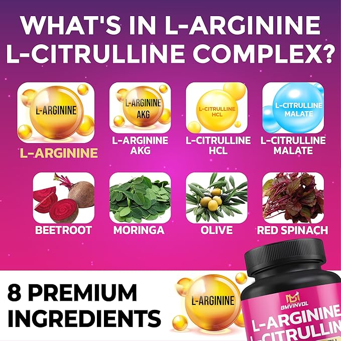 BMVINVOL L Arginine L Citrulline Supplement Plus Beet Root, Moringa, Olive, Red Spinach for Support Energy Levels - 90 Capsules