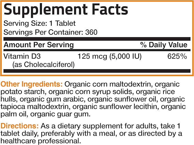 Bronson Vitamin D3 5,000 IU (1 Year Supply) for Immune Support, Healthy Muscle Function & Bone Health, High Potency Organic Non-GMO Vitamin D Supplement, 360 Tablets