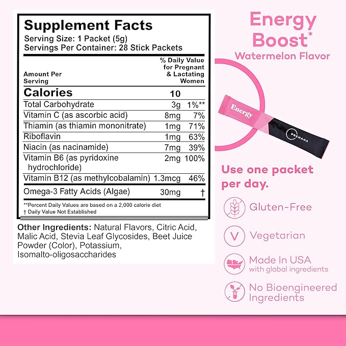 Premama Energy Boost For All Pregnancy Stages, Caffeine-Free, Stimulant-Free Energy, Gluten-Free, Vegetarian, Watermelon Flavor, 28 Single Serve Packets