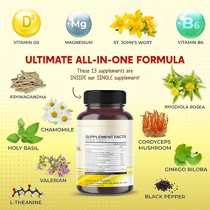 St. John's Wort Ashwagandha Rhodiola Rosea Chamomile - Made in USA