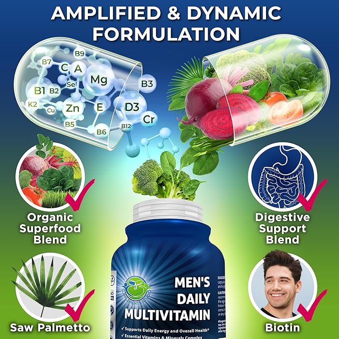 Men's Daily Multivitamin – Vegan Methylated Multivitamin for Men with Saw Palmetto, Biotin, Organic Superfoods, Probiotics & Enzymes – Energy, Gut & Optimal Health Support – Easy to Swallow Capsules