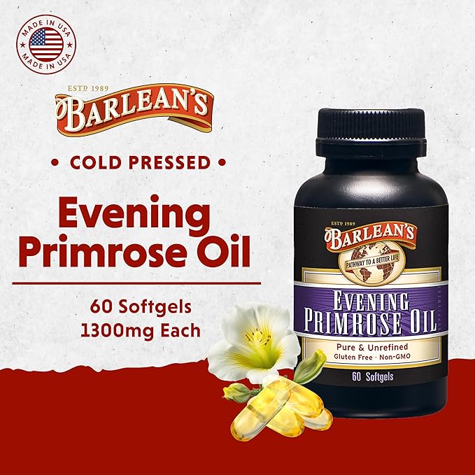 Barlean's Evening Primrose Oil Softgels with Gamma-Linolenic Acid (GLA) - Non-GMO, Gluten-Free - 60-Softgels