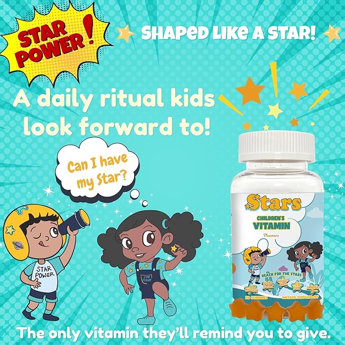 Stars Kids Multivitamin Gummies with Omega 3, Vitamins for Kids with A, B, C, D, Plant Based Multi Vitamins for Children, Manganese, 60 Star-Shaped Multivitamin for Kids, Gluten-Free Gummy Vitamins