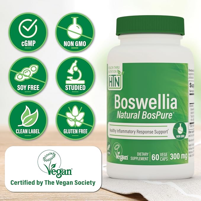Health Thru Nutrition Boswellia 300mg 60 Capsules as Bospure AKBAMAX | High Potency 75% Boswellic Acids 10% AKBA | Healthy Inflammatory Support | Vegan Certified | Non-GMO, Gluten Free, Soy Free