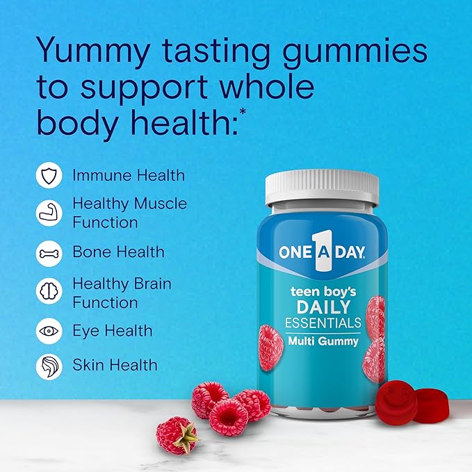 One A Day Teen Boy’s Daily Essentials Multivitamin Gummies, Teen Boy Vitamins with Vitamin C, Vitamin D, Bone Health, Immune Health, Raspberry Natural Flavor, 120 Gummies