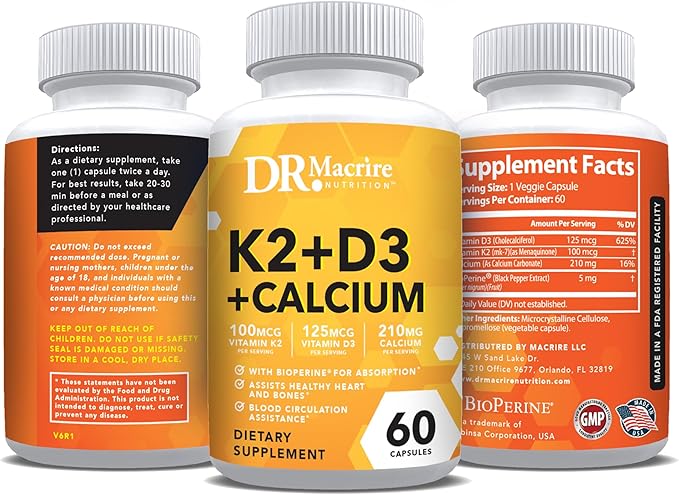 Vitamin D3 K2, 5000 IU Vitamin D3 and 100mcg K2 with Calcium for Bone, Muscle and Immune Support Supplement, Black Pepper Extract, Non-GMO Formula, 60 Capsules.