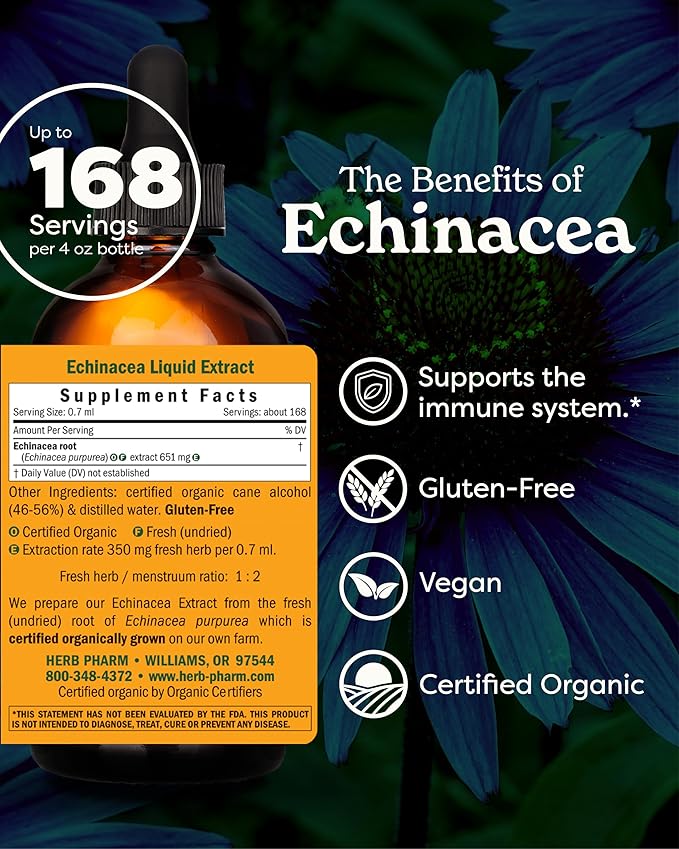 Herb Pharm Certified Organic Echinacea Root Liquid Extract for Immune System Support, Organic Cane Alcohol, 4 Ounce