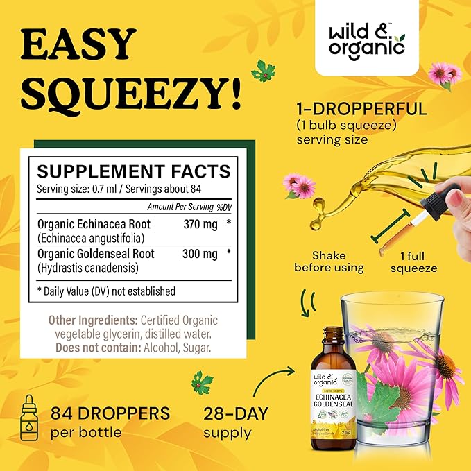 Wild & Organic Echinacea Goldenseal Liquid Drops - Immune Support Supplement w/Goldenseal Echinacea Root Extract - Vegan, Sugar & Alcohol-Free Tincture - 2 fl oz
