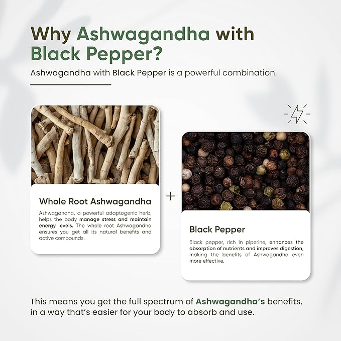 Organic Ashwagandha with Black Pepper - Whole Root - Supports Stress Relief, Mood & Energy – 120 Uncoated Vegan Tablets